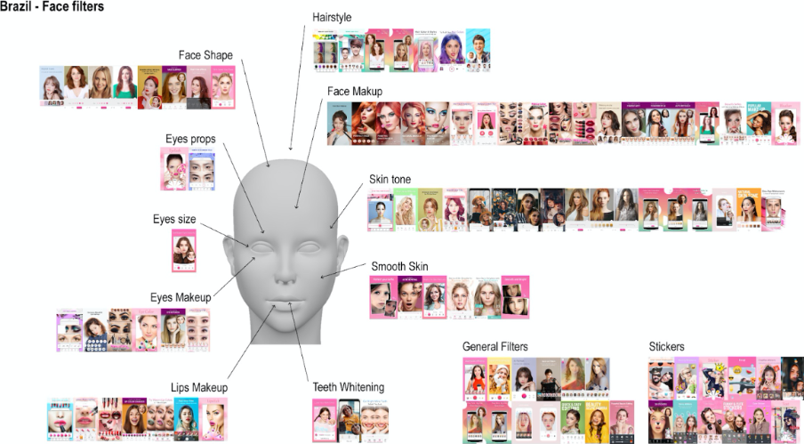 Figure 4: All categories concerning face modifications originated from applications offered within the Google Play Store of Brazil.